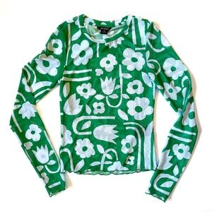 Monki mesh long sleeve top in green floral print